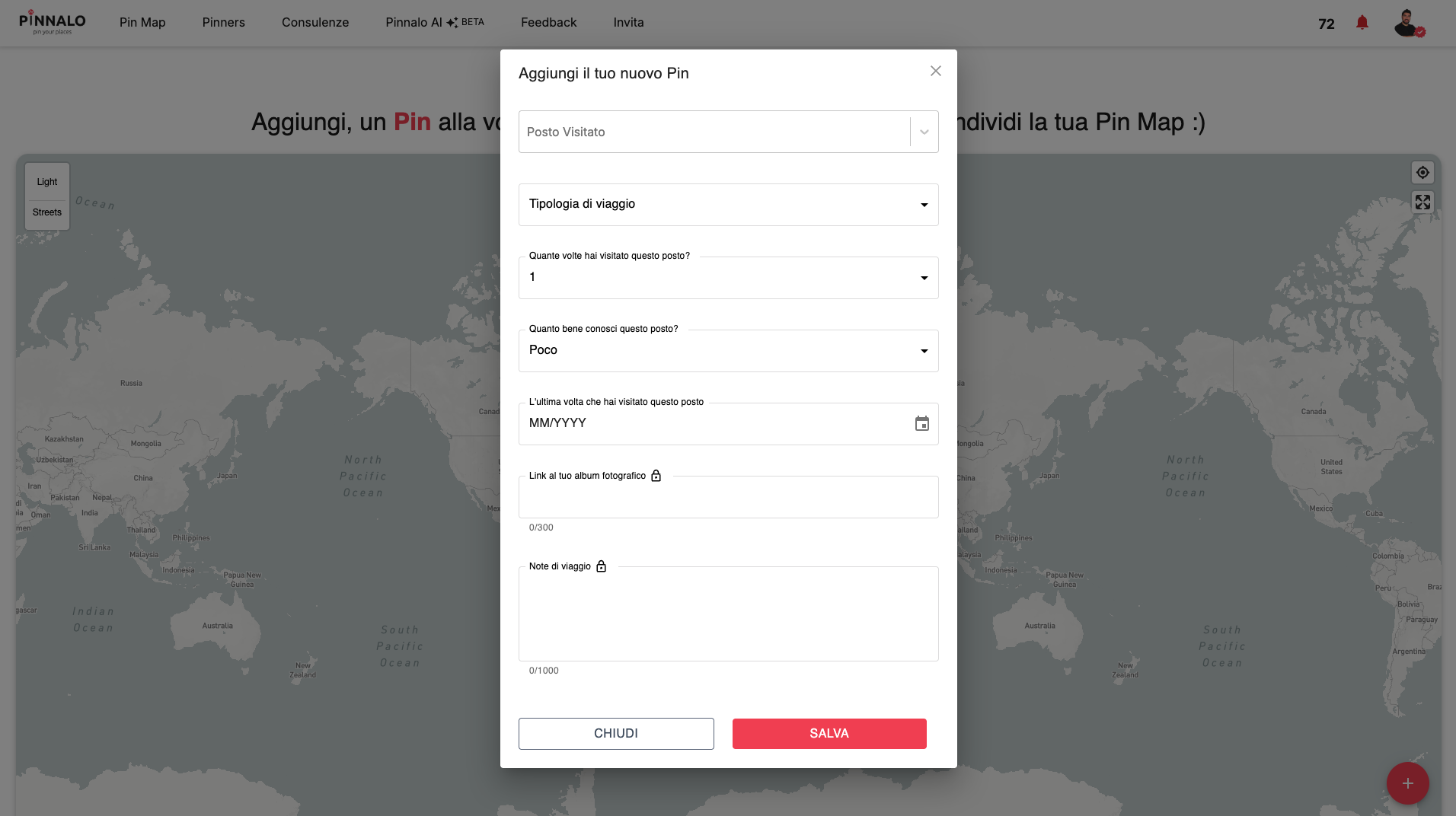 Screenshot della Pin Map personale